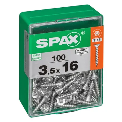 Produktbild von 100er-Pack SPAX-Stahlschrauben mit flachem Senkkopf, Durchmesser 3,5 mm x Länge 16 mm