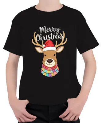 Produktbild von Merry Christmas Weihnachten Rentier Nikolausmütze niedlich bunt Kinder T-Shirt, Schwarz, 152
