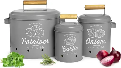 Produktbild von 3 skladovacie nádoby zemiakový hrniec cesnakový hrniec cibuľový hrniec skladovacie nádoby sivý matný