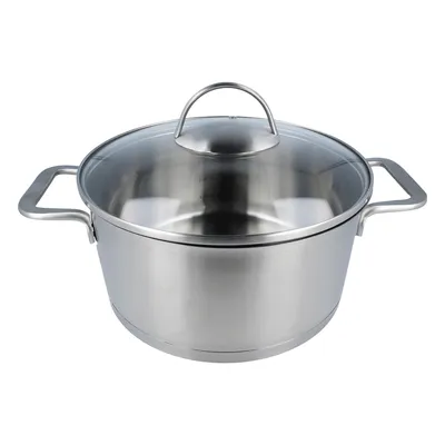 A stainless steel pot with a glass lid and handles, isolated on a white background.