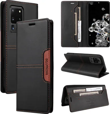 Obrázek produktu pro Pouzdro pro Samsung Galaxy S20 Ultra, kožené flipové peněženkové pouzdro s přihrádkou na karty a stojánkem Černý