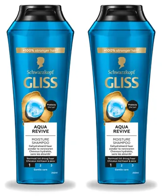 Immagine prodotto di 2 flaconi di shampoo Gliss Aqua Revive, per capelli idratati, 250 ml ciascuno, confezione
