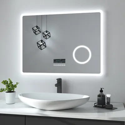 Obrázek produktu pro Heilmetz koupelnové zrcadlo s osvětlením 80x60cm nástěnné zrcadlo koupelnové zrcadlo LED koupelnové zrcadlo dotykový spínač + 3násobné zvětšení +Bluetooth+ hodiny