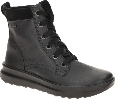 A black leather boot is shown against a white background.