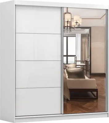 Produktbild von Kleiderschrank M35 mit Spiegel 233 cm, Schwebetürenschrank, Garderobeschrank Schlafzimmer; Wohnzimmerschrank; Korpus Schrank Farbe: Weiß; Farbe der Schrankfront: Weiß Hochglanz- 2 Schiebetüren
