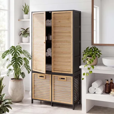 Produktbild von Bambus-Badezimmerschrank MCW-N83, Badregal Schrank, 2 Wäschekörbe 2 Türen MVG 68x82x34cm  natur-schwarz, Korb anthrazit