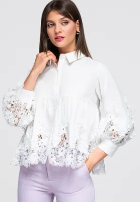 Produktbild von LARICA Damen Shirt V-1 mit Spitze und klassischem Kragen OW-SH-E0046 white M