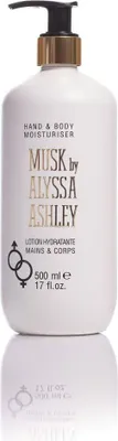 A white pump bottle of Alyssa Ashley Musk Hand & Body Moisturiser is shown against a white background.