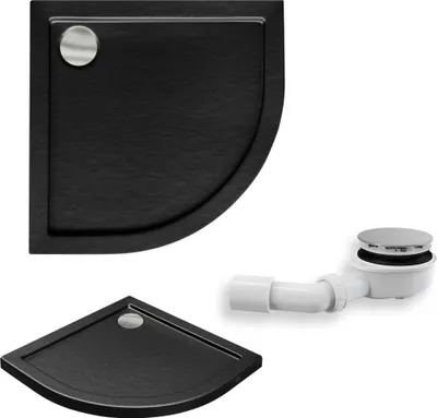 A black quarter-circle shower tray and a white drain assembly are shown against a white background.