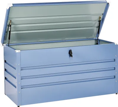 Produktbild von BELIANI Gartentruhe Blau Metall 400 L 132 x 62 cm Wasserdicht Abschließbar mit Deckel Garten Terrasse Aufbewahrungsbox Gartenbox Kissenbox Auflagenbox