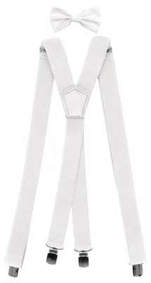 Produktbild von Fabio Farini - 1 Stück Herren Hosenträger Pack 3cm X-Form mit passender Fliege Set Weiß 3cm Hosenträger - Weiß Unifarben Struktur Fliege