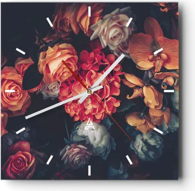 Produktbild von Wanduhr - Quadrat - Glasuhr - Blumenstrauß Blumen Rosen - 40x40cm - Schleichendes Uhrwerk - Lautlos - zum Aufhängen bereit - Dekoration Modern - Wanddekoration aus Glas - C3AC40x40-5002