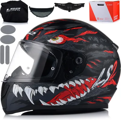 A full-face motorcycle helmet with a graphic design, along with accessories and packaging, displayed against a white background.