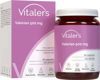 Image de Vitaler's Valériane 500 mg – 60 gélules, végétaliennes, cure de 2 mois, sans conservateurs, composition pure