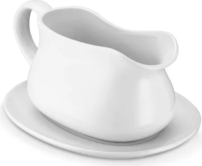 Produktbild von Sauciere mit Untertasse, 450ml Porzellan Soßenkanne, Premium Porzelansauciere, Saucen Behälter Weiß für Soße Salatdressings Creme Milchbrühe Schwarz-Pfeffer