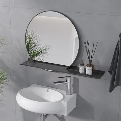 Produktbild von Badspiegel Kosmetikspiegel 50 cm Spiegel mit Ablage Wandspiegel Runder Badezimmerspiegel mit mattschwarzer Rahmen Dekospiegel