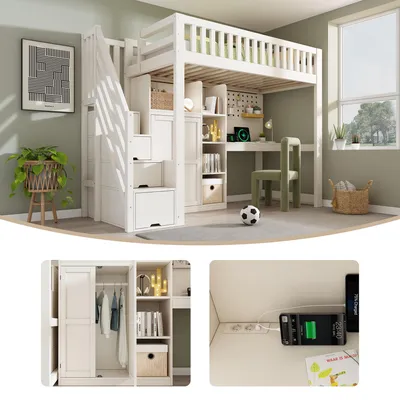 Produktbild von Kinder Hochbett 90x200 cm, Schreibtisch, Leiterschrank, Kleiderschrank, USB, Weiß, 253x97x170 cm