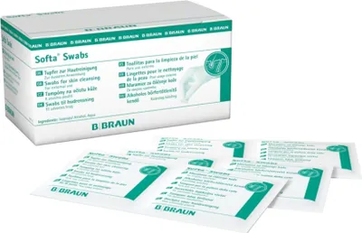 Produktbild von Softa Einmal-Alkoholtupfer 19579 100 Stück Packung mit 10 Stück