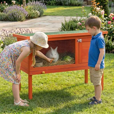 Image de Clapier surélevé en bois de pin, clapier avec tiroir à ouverture par le haut, cage à lapins avec toit en bitume, orange | 90 x 45 x 65 cm | 7,95 kg