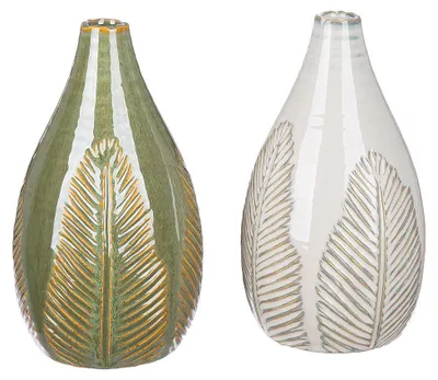 Image de Gilde, vase décoratif "Palmblatt", motif de feuilles, céramique, vert et blanc, hauteur 25 cm, diamètre 13 cm. Référence : 34291. Code EAN : 4063387342916. Lot de 2 pièces (assorties)