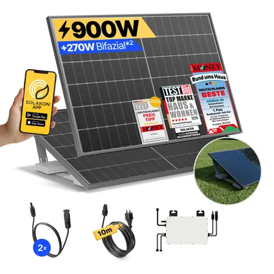 Produktbild von Balkonkraftwerk 900W Solaranlage mit Garten Halterung Steckerfertig Komplettset Photovoltaik Anlage 800W, Kabellänge: 10m, Solakon - onLite