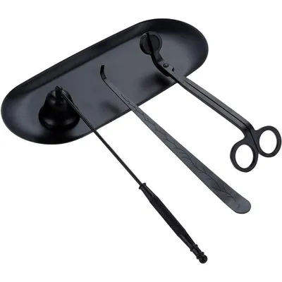 A black candle accessory set is displayed on a white background.