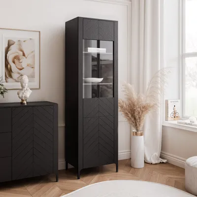 Produktbild von IDOHOME-Hohe Standvitrine LORIEN 60 cm Glasvitrine mit Metallfüßen Schwarz Wohnzimmerschrank Standregal mit Glasfront MetallGriffe Soft-Close