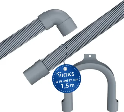 A grey corrugated drain hose with a curved elbow connector and a U-shaped bracket, along with a circular tag indicating product specifications.