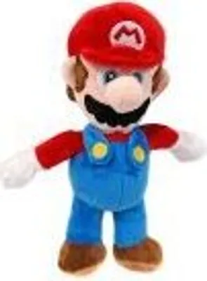 A plush toy of the character Mario from the Super Mario video game franchise.