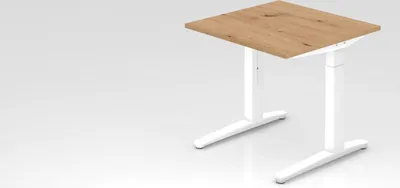 Produktbild von Schreibtisch Mika | Asteiche | Weißes Gestell| BxT 80x80cm | Arbeitshöhe 65-85cm | höhenjustierbar, 1cm Raster | C-Fuß-Gestell | Rechteckform