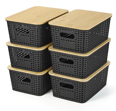 Aufbewahrungsboxen aus Kunststoff mit Bambusdeckel, 6er-Set, Schwarz
