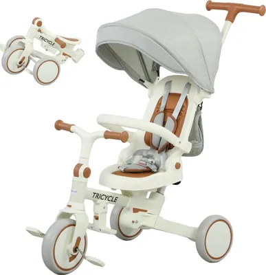 Produktbild von Fortuna Lai Kinder-Dreirad, wandelbarer Baby-Buggy, 5-in-1 Design, abnehmbarer Schiebegriff, verstellbar, Sicherheitsgurt, Aufbewahrungstasche, 1-3 Jahre, Cremeweiß
