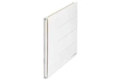 A white binder with horizontal lines on the cover, shown from a side angle.