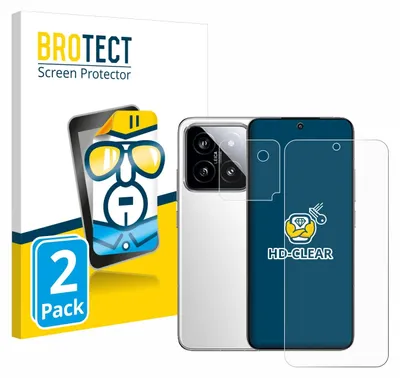 A product packaging for screen protectors, showing the packaging box, a smartphone with a camera module, and two screen protectors.