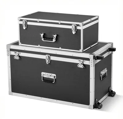 Obrázek produktu pro Sada 2 přepravních kufrů – Úložné boxy/přepravní boxy – Uzamykatelné – S kolečky – 3 kovová madla – S víkem – 81,6 x 45,2 x 46 cm – Černá