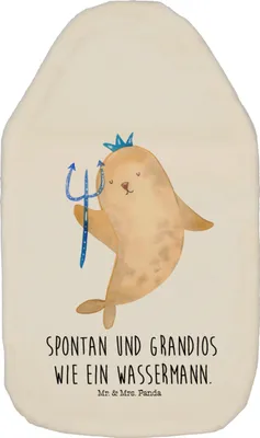 Produktbild von Mr. & Mrs. Panda Wärmflasche Sternzeichen Wassermann - Weiß - Geschenk, mit Bezug, Meer, Wärmekissen, Geburtstag Februar, Wärmflaschen, Meermann, Bettflasche, gummi, Nix