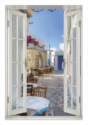 Produktbild von Wallario Wandbild mit Fenster-Illusion: Gasse in Griechenland, Größe: 61 x 91,5 cm, Poster mit rahmenlosen Bildhalter