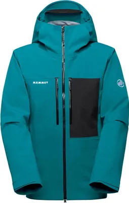 Türkisfarbene Mammut Stoney HS Hooded Jacke mit Kapuze und schwarzer Brusttasche