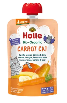 Produktbild von KAROTTEN-KATZE (KAROTTE – MANGO – BANANE – BIRNE) OHNE ZUCKERZUSATZ GLUTENFREI AB DEM 6. MONAT DEMETER  100 g – HOLLE