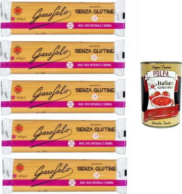 Produktbild von Garofalo Spaghetti Pasta senza Glutine, Glutenfreie Pasta aus Mais, Naturreis und Quinoa 5x400gr + Italian Gourmet polpa 400g