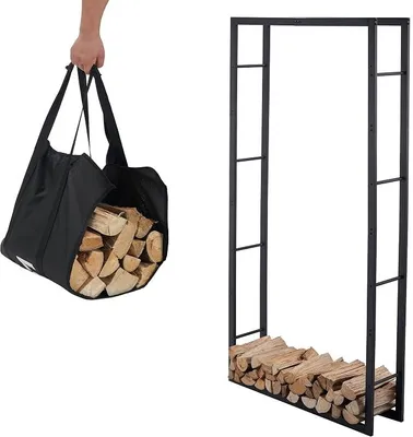 Image de Étagère pour bois de chauffage + sac de transport - Intérieur et extérieur - Rangement pour bois de chauffage - Support pour bois de chauffage - Rangement pour bois de combustion - Noir - Métal (100x25x196 cm)