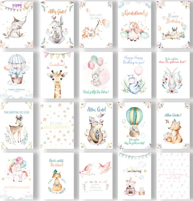 Produktbild von Friendly Fox 20 Kinder Geburtstagskarten  DIN A6 Postkarten Glückwunschkarten für Kinder Geburtstag, Grußkarte zum Kindergeburtstag