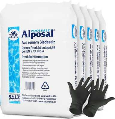 Produktbild von Alposal Poolsalz 125 kg, Schwimmbadsalz, Chlorinator geeignet, Salzelektrolyse, Siedesalz inklusiv 1 Paar ARNOMED Einweghandschuh
