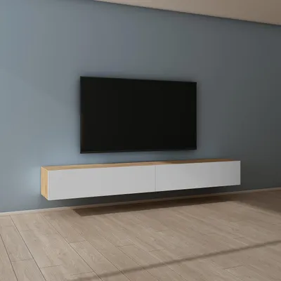Produktbild von Mai & Mai Fernsehschrank Verdeckter Griff mit Soft-Close Lowboard Hängeschrank für Wohnzimmer in Kerneiche + Matt Weiß BTH: 240x40,2x30 cm Fernsehschrank02