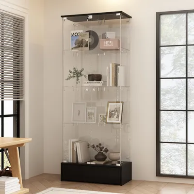 Produktbild von Glasvitrine 70x35x180cm Schwarz, 2 Türen mit Schloss & 1 Schublade, 4 Glasböden, für Sammlungen & Wohnzimmer
