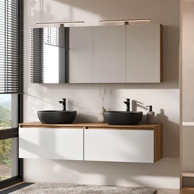 Produktbild von Planetmöbel ARISA Doppelwaschtisch 160 cm in Weiß mit 2 LED Spiegelschränken ARIA 80 cm und 2 schwarzen Keramik-Aufsatzwaschbecken 42 cm