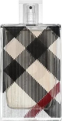 A perfume bottle with a distinctive plaid pattern.