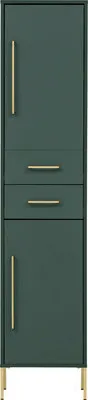 A tall, narrow cabinet with gold handles against a white background.