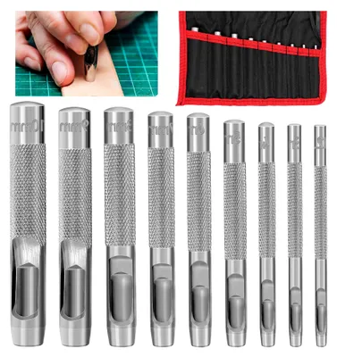 Produktbild von 9-teiliges Locheisen Set für runde Löcher, Stahllocheisen 2,5-10 mm, Stanzwerkzeug für Leder, Uhrenarmbänder, Gürtel, Schuhe, Stoff, Leinwand, Kleidung