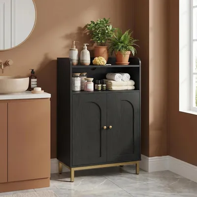 Produktbild von Freistehender Badschrank 30x50x100 cm, Schwarz-Gold, 2 Türen + 2 offene Fächer, verstellbare Regale, für Badezimmer & Küche